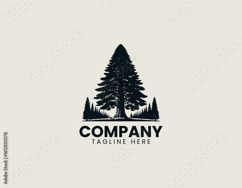 Distinctive black silhouette of a gracefully curved pine tree with stylized foliage. Nature illustration concept