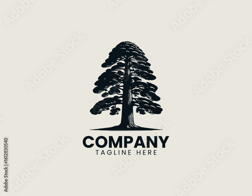 Distinctive black silhouette of a gracefully curved pine tree with stylized foliage. Nature illustration concept