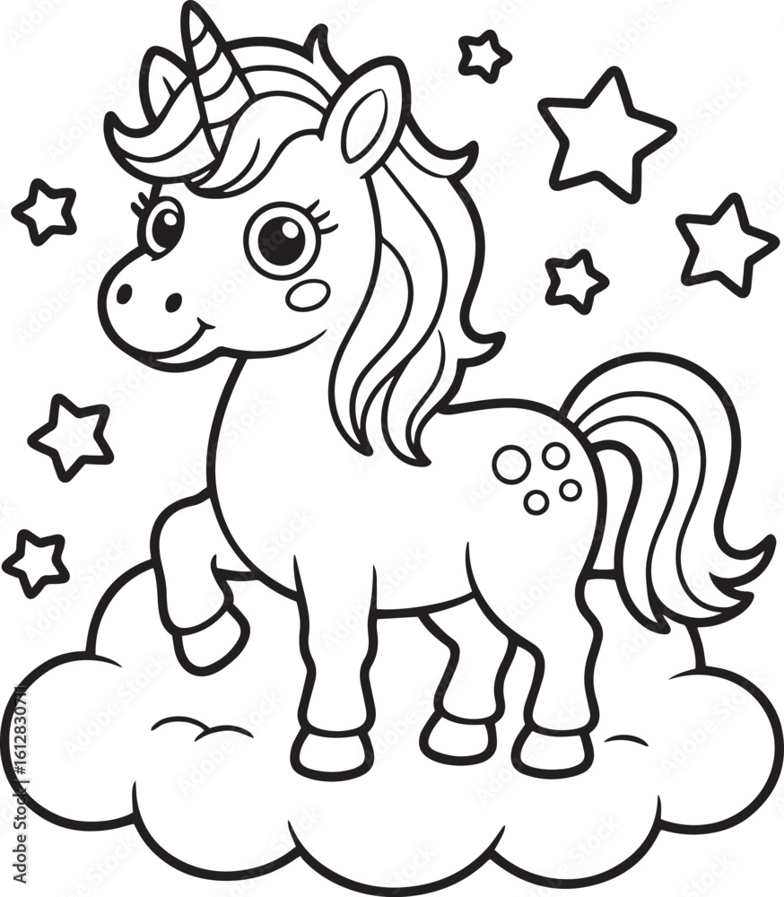 Fototapeta premium Cute unicorn on cloud with stars cartoon, outline magical horse for kids coloring book, and nursery art