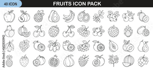 Hand Drawn Fruit Line Icon Collection - Set of 40 black and white line icons featuring various fruits, ideal for food apps, nutrition websites, and healthy lifestyle designs.