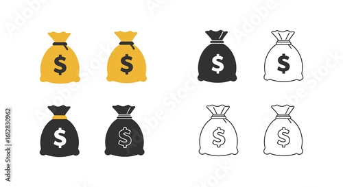 Money bag icon set in color silhouette and outline styles