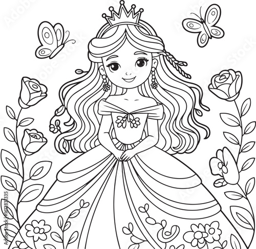 Beautiful princess with crown and flowers outline, a fairytale character for kids coloring book