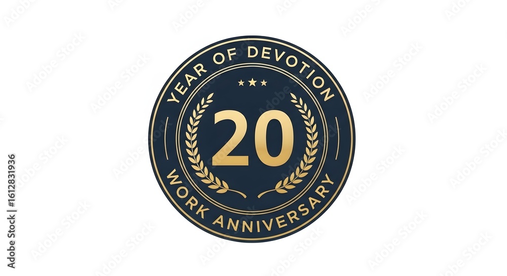 Fototapeta premium A twenty year of devotion work anniversary emblem in gold and dark blue, featuring a laurel wreath. Icon for celebrating a major career milestone and employee appreciation. Isolated on white.
