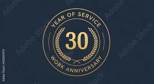Elegant 30 year of service work anniversary emblem in gold on a dark blue background. A sophisticated logo design for celebrating a thirty-year jubilee, corporate loyalty, and achievement.