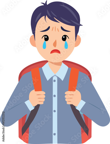 A crying, sad school boy with a backpack, upset about school or bullying. flat cartoon vector illustration