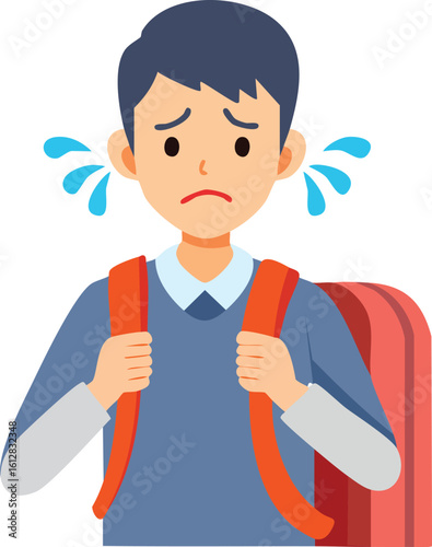 Flat cartoon vector illustration of a crying and sad school boy with a backpack, upset about school or bullying. 