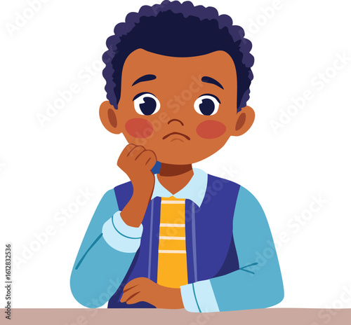 Sad, thoughtful African American boy sitting at desk, thinking with hand on chin, cartoon school kid vector flat illustration
