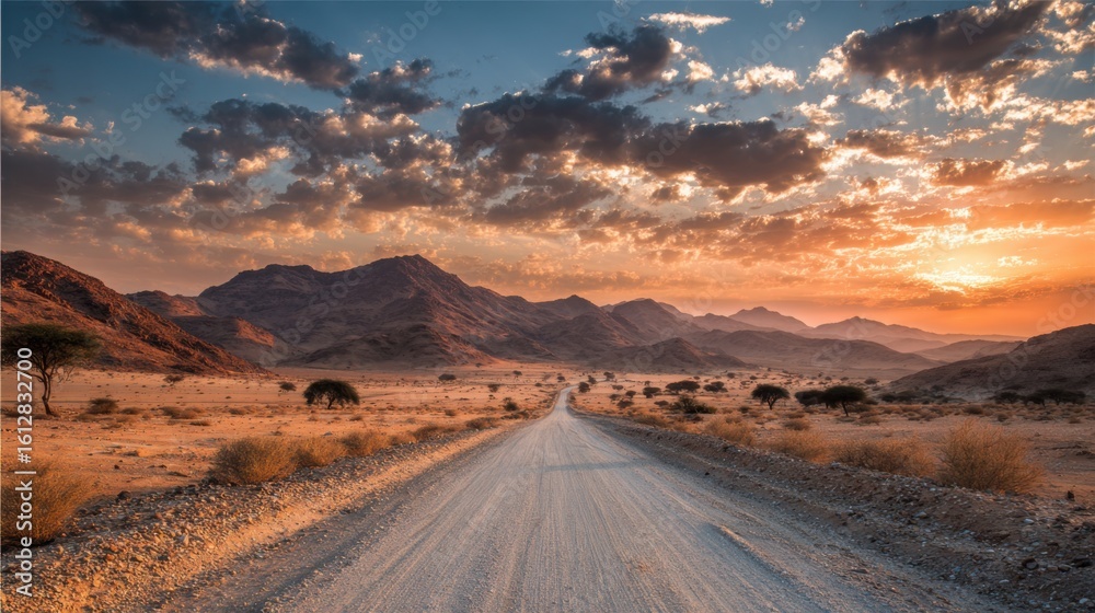 Fototapeta premium A dusty road stretches through a vast desert landscape, approaching rugged mountains in the distance. The sky is painted with warm colors as the sun sets behind the peaks.