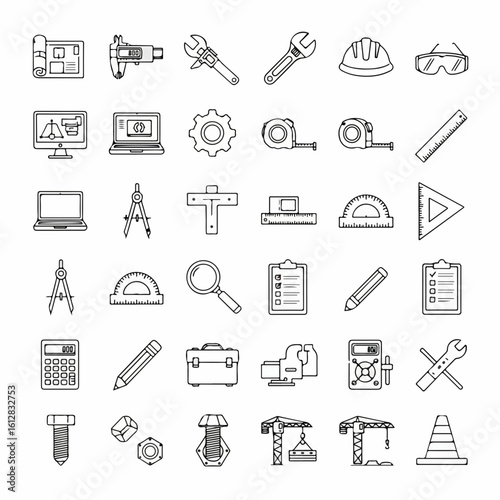 A collection of line art icons representing engineering and construction tools, blueprints, safety equipment, and measurement devices.