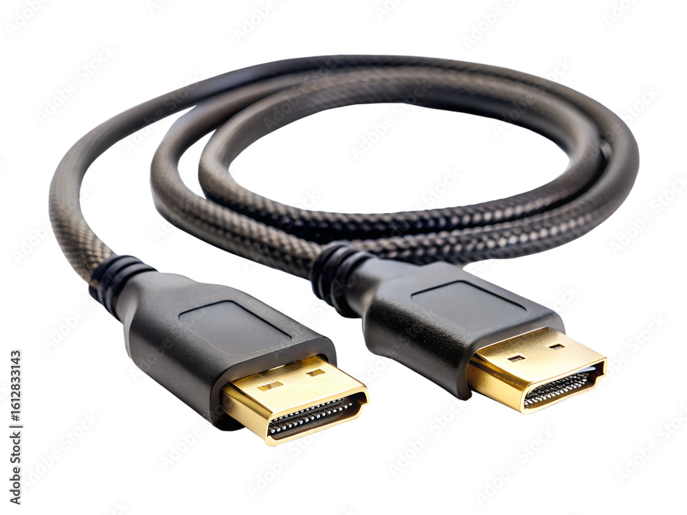 A coiled black hdmi cable with goldplated connectors, isolated on a transparent background A coiled black hdmi cable with goldplated connectors, isolated on a transparent background