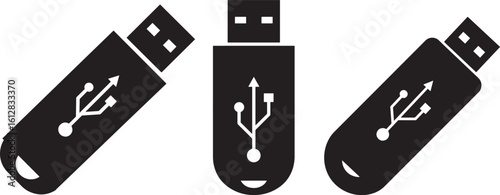 Three usb flash drives with usb symbol silhouette