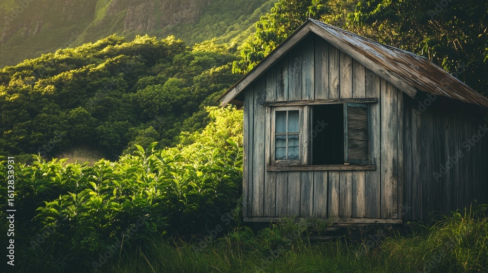 Rustic wooden cabin nestled in lush, verdant hills Rustic wooden cabin nestled in lush, verdant hills
