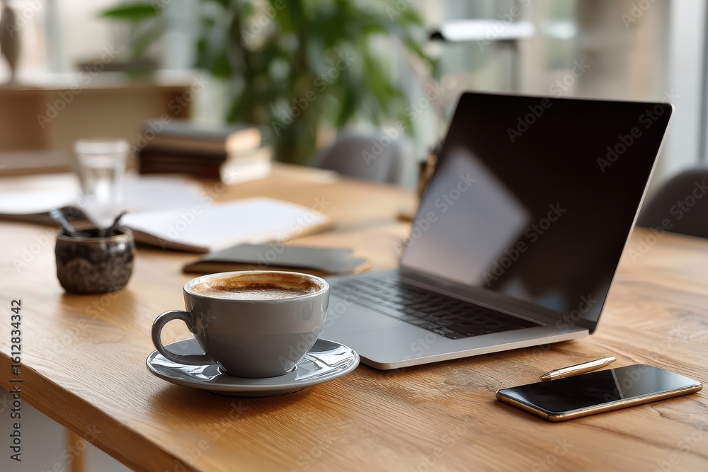 Obraz premium Modern workspace features laptop computer, coffee cup, and stylish desk arrangement for productivity