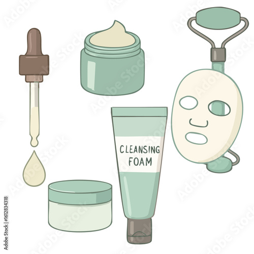 A set of illustrations of products for a daily facial skincare routine, vector set- serum dropper, face cream jar, cleansing foam, jade roller.
