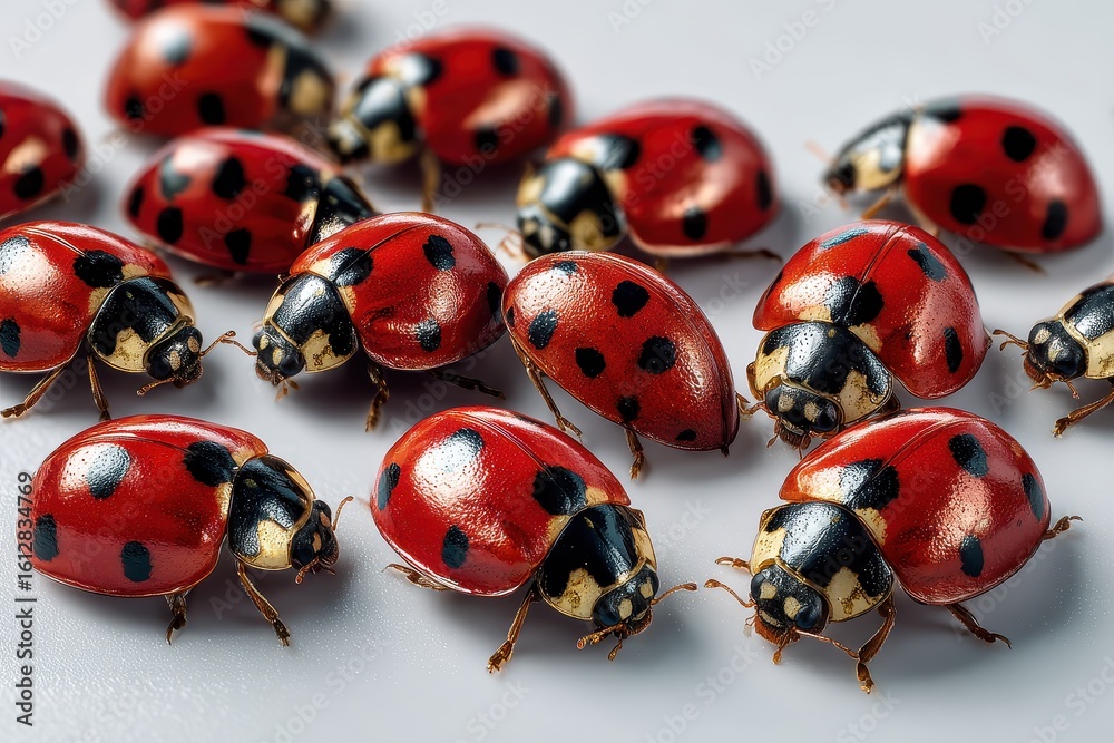 Fototapeta premium Ladybug collection showcasing vibrant red and black insects on a smooth white surface during daylight hours