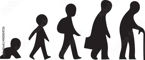 Human Life Cycle Depicted as Silhouettes Shows Stages from Infancy to Old Age with a Walking Stick for Support