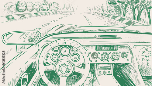 View from inside a car showing the dashboard steering wheel and road ahead with trees on the side