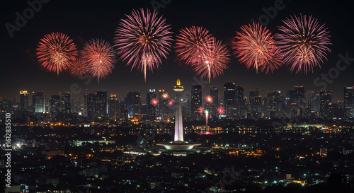 Fireworks in Jakarta Skyline Background