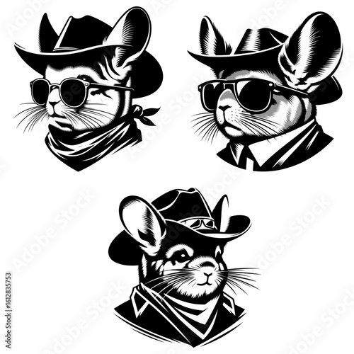 chinchilla Wear cowboy and sunglass. Cartoon Minimal Clipart Silhouette Vector Illustration Line Art Illustration. Small pet animal attire western gear vision protection eyewear.