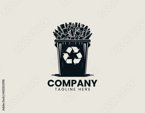 Overflowing black recycling bin filled with various plastic bottles and containers. Environmental concept