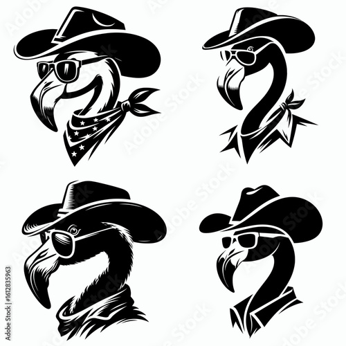 flamingo Wear cowboy and sunglass. Cartoon Minimal Clipart Silhouette Vector Illustration Line Art Illustration. Pink bird donning western hat eye protection a stylish avian outfit.
