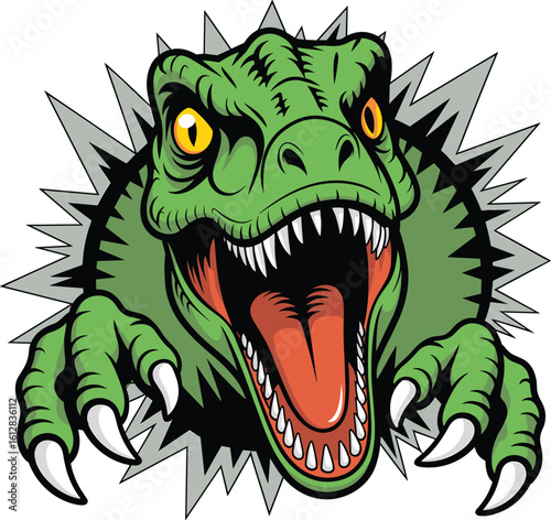 Angry cartoon dinosaur bursting through wall, fierce T-Rex illustration, sharp teeth monster art, aggressive green reptile clipart, roaring Jurassic beast