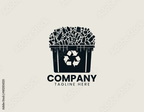 Overflowing black recycling bin filled with various plastic bottles and containers. Environmental concept