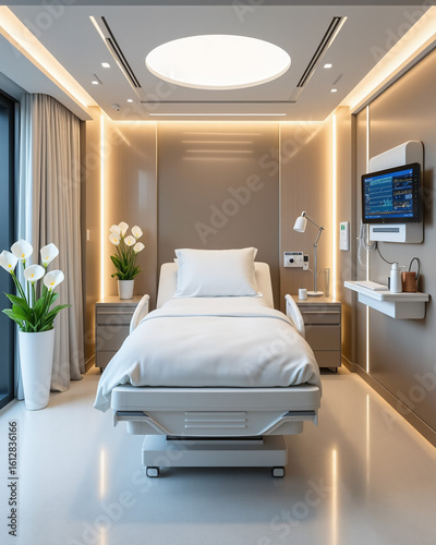 Modern hospital room interior with clean design, bright lighting, and stylish decor
