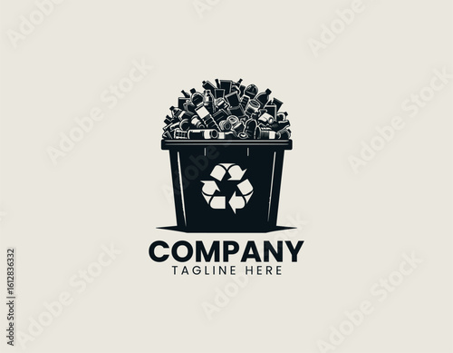 Overflowing black recycling bin filled with various plastic bottles and containers. Environmental concept