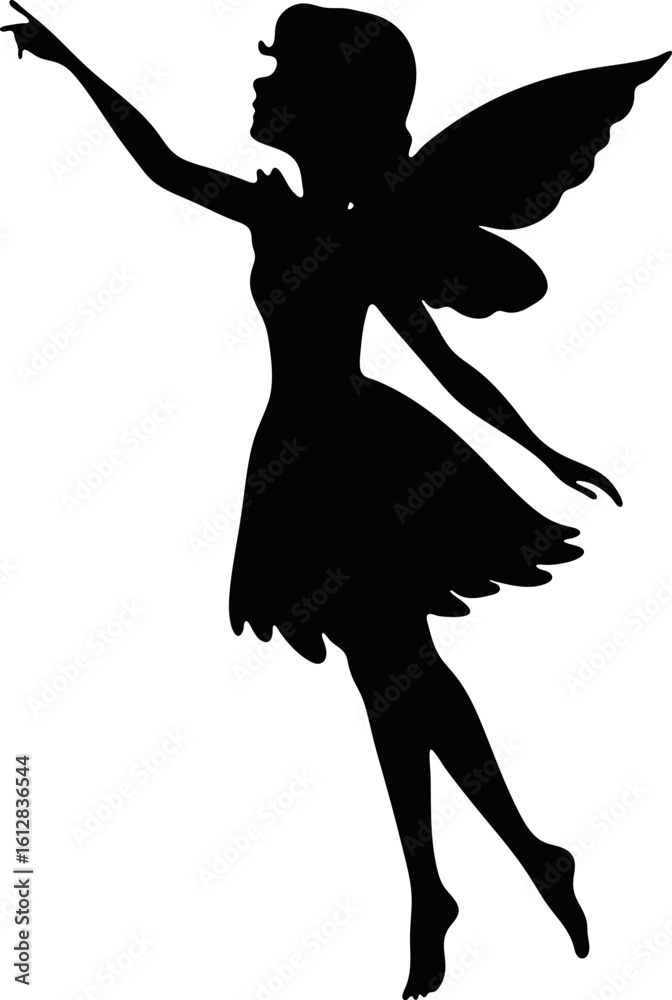 Dynamic Silhouette of Flying Fairy Pointing Upwards with Wings Outspread Dynamic Silhouette of Flying Fairy Pointing Upwards with Wings Outspread