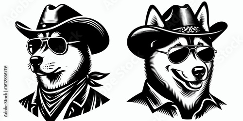 siberian husky Wear cowboy and sunglass. Cartoon Minimal Clipart Silhouette Vector Illustration Line Art Illustration. Cute arctic dog don apparel western headgear plus shade for sun.