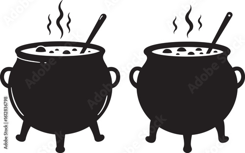 Two black cauldron pots with stirring sticks silhouette
