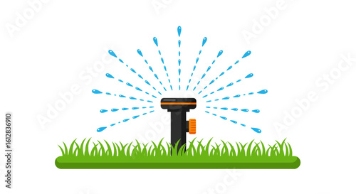 Rotating Garden Sprinkler Watering Lawn with Water Droplets Flat Vector Illustration on White Background