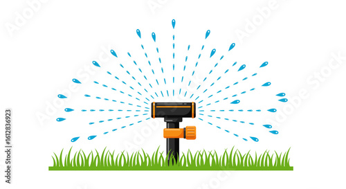 Sprinkler System Watering Green Grass Lawn with Water Droplets in a Circular Pattern on White Background