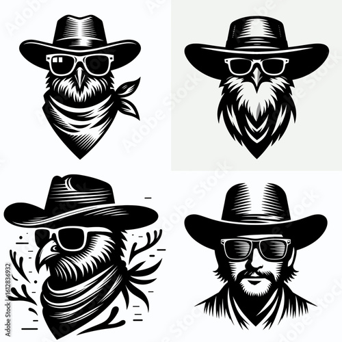 woodlark Wear cowboy and sunglass. Cartoon Minimal Clipart Silhouette Vector Illustration Line Art Illustration. Field lark attire for western fashion with eye protection spectacles.