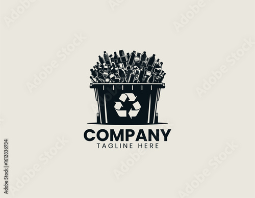 Overflowing black recycling bin filled with various plastic bottles and containers. Environmental concept