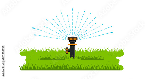 Illustration of a Garden Sprinkler Watering Green Grass on a White Background Irrigation Concept