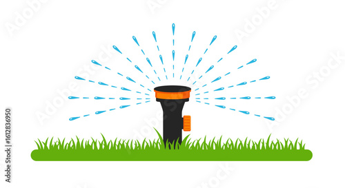 Lawn irrigation system with water spraying over green grass in a flat vector illustration style