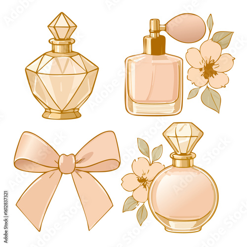 A set of elegant illustrations of vintage perfume bottles with flowers and a bow, luxury vector icons, perfume collection- crystal perfume bottles, perfume sprayer.