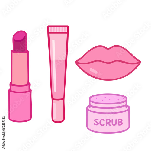 A set of cute illustrations of lip care products: lipstick, lip gloss, and scrub
