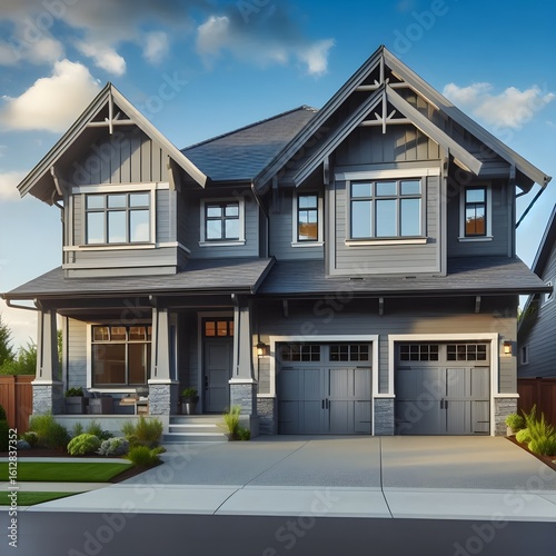 Grey house exterior with two garage spaces on a blue sky background. Northwest, USA