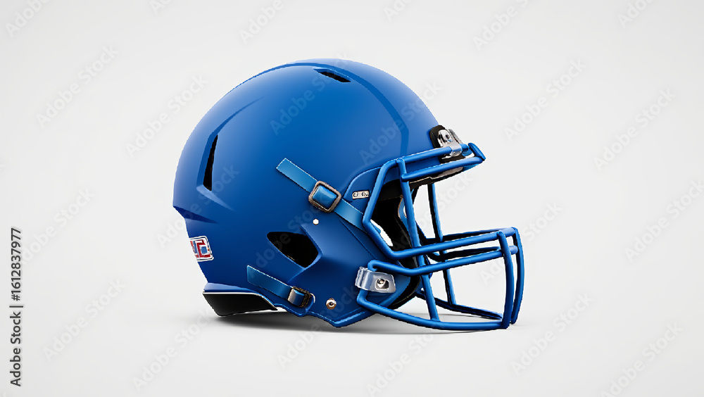 Fototapeta premium A sleek blue American football helmet shines under light, embodying strength, protection, and the high-impact energy of competitive sport. AI generated. 