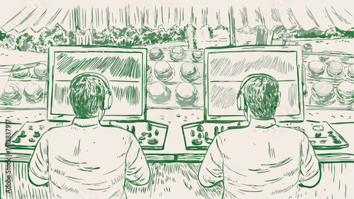 Two people operating control panels with monitors displaying circular objects in a green tinted sketch