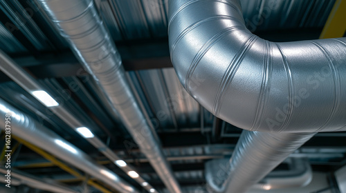 Shiny metal ventilation ducts installed in a modern industrial ceiling.
