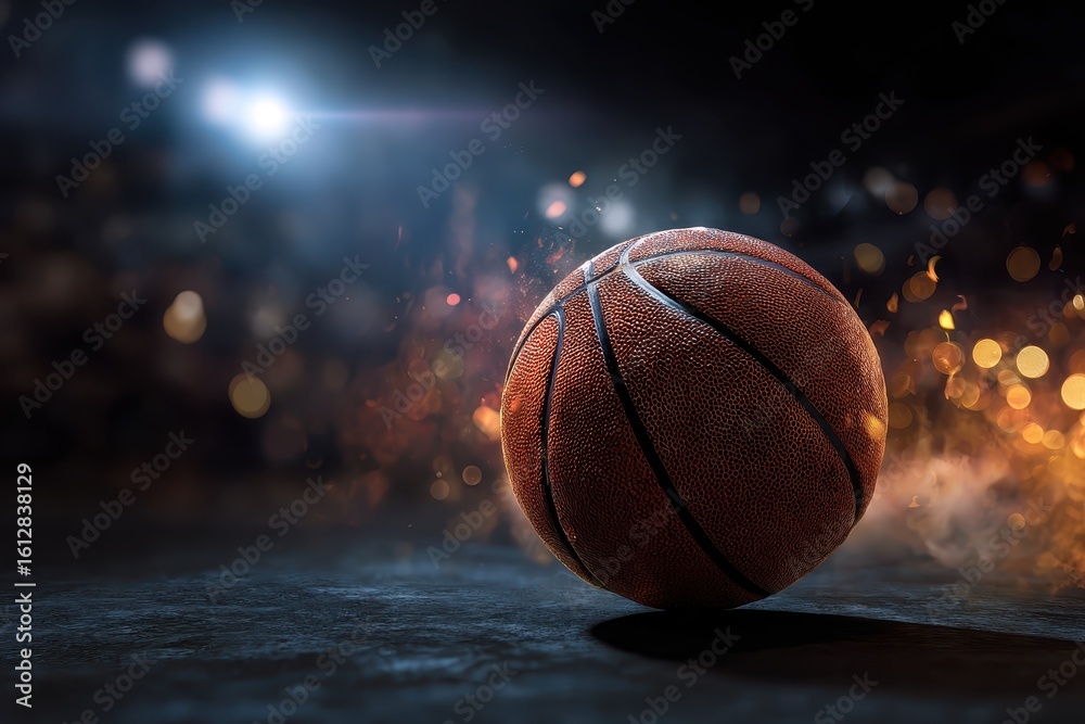 Obraz premium Dynamic basketball scene with an abstract background showcasing a vibrant ball in motion against a bokeh effect