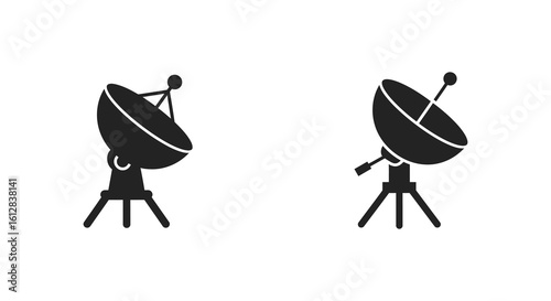 Two Satellite Dish Antennas in Black Silhouette on White Background