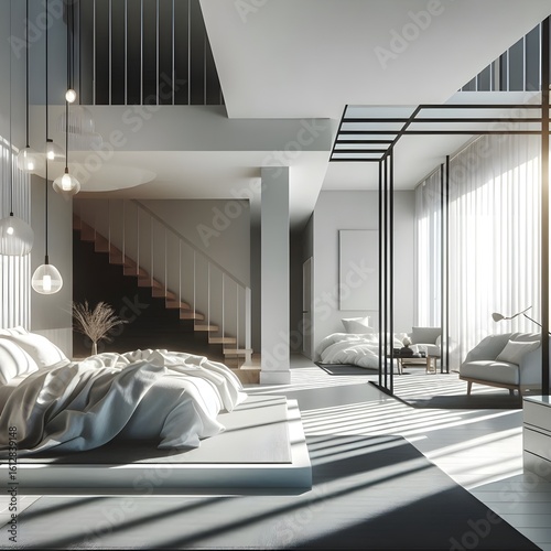 Minimalistic stylish interior of luxury apartment with white stylish bedroom and dark living room. modern apartments with an open layout during the day without people and amazing sun rays
