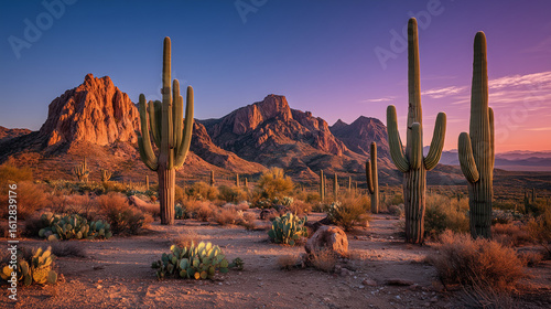 Golden Hour over Cactus-Filled Arizona Desert Landscape