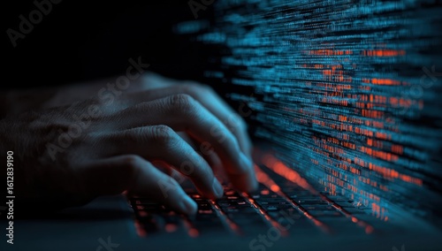 Hands type on a laptop keyboard with blurred blue and red coding in the background, suggesting coding or hacking in a dark environment