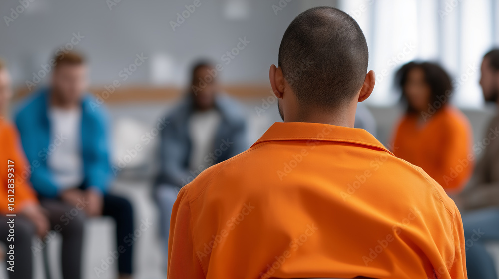 Fototapeta premium Inmates wearing orange uniforms sitting in a circle during a prison group therapy session. 